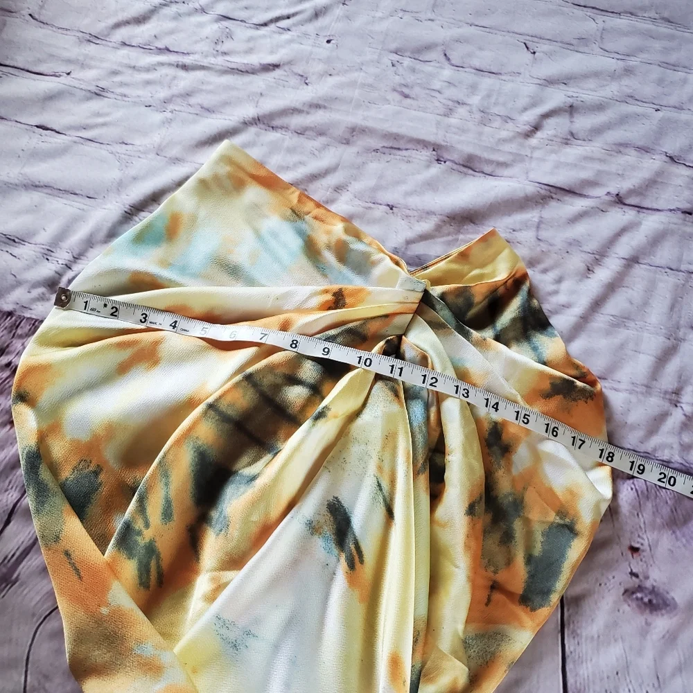Orange Tie Dye Ruched Side Midi Skirt Open Side Beachy Sexy Sophisticated 6